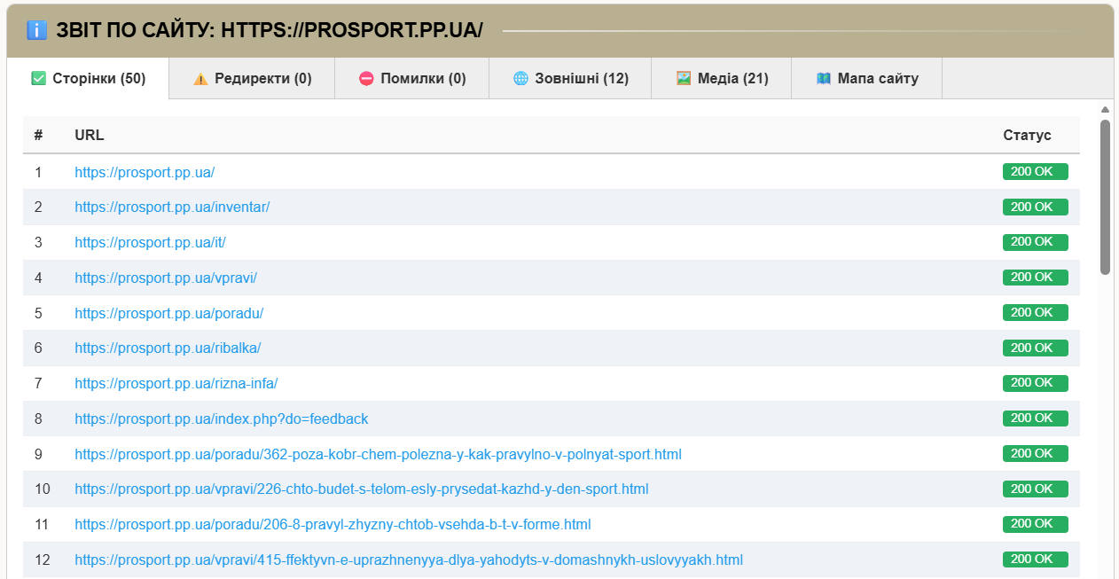 Звіт про сканування сторінок сайту
